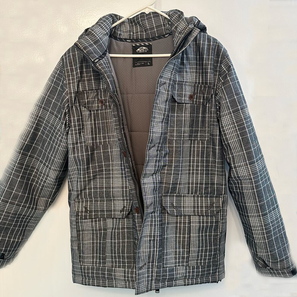 Vans Men’s Large Gray Plaid Hooded Jacket Full Zip Utility Coat Padded Jacket
